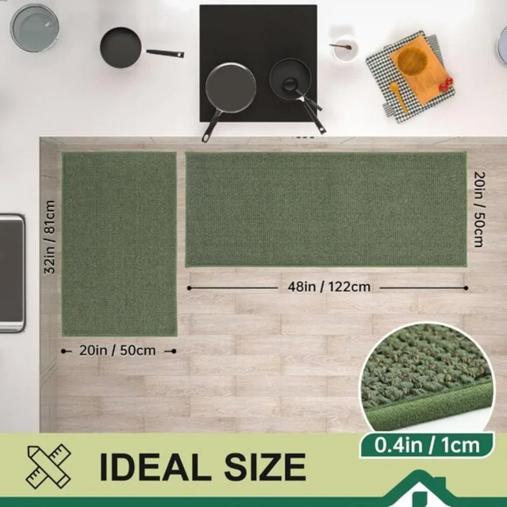 New Set of 2 Green Kitchen Rug, Non-Slip, Absorbent, Washable, Stain-Resistant